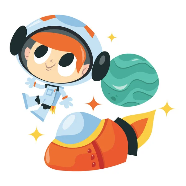 Cartoon Vector Illustration Super Cute Astronaut Boy Floating Space — Stock Vector