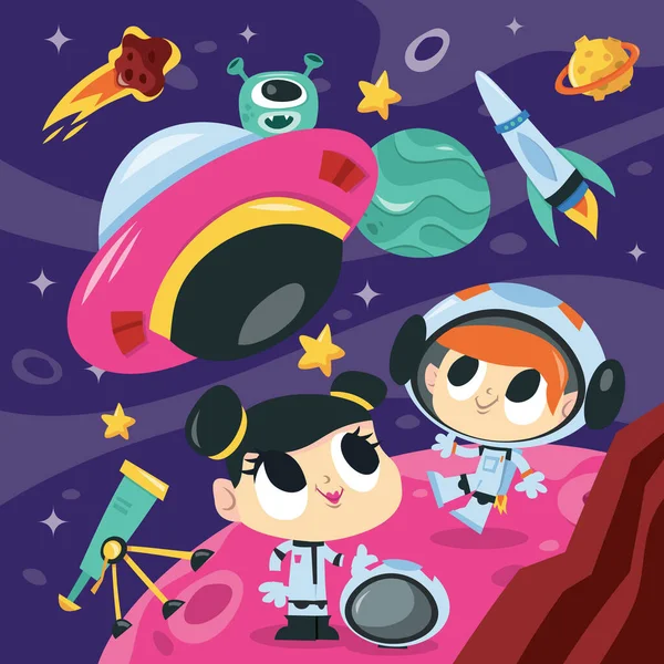 Cartoon Vector Illustration Group Astronaut Kids Mars Planet Exploration — Stock Vector