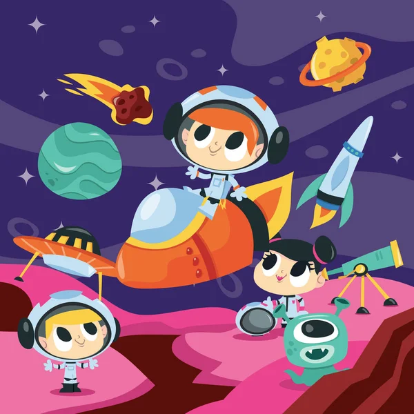 Cartoon Vector Illustration Group Astronaut Kids Doing Space Exploration Adventure — Stock Vector