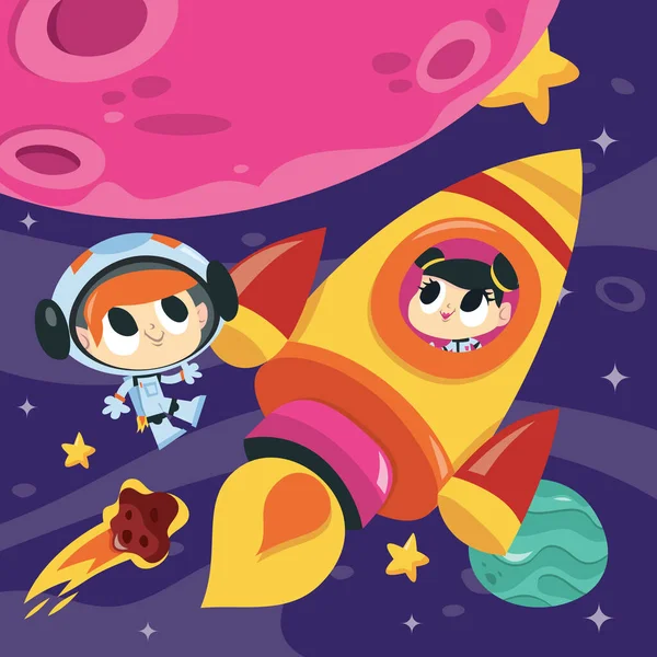 Cartoon Vector Illustration Super Cute Astronaut Girl Large Space Rocket — Stock Vector