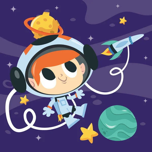 Cartoon Vector Illustration Super Cute Astronaut Boy Floating Space — Stock Vector