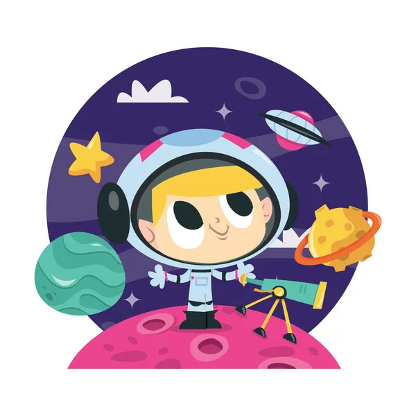 Cartoon Vector Illustration Super Cute Astronaut Boy Dark Blue Cosmic — Stock Vector