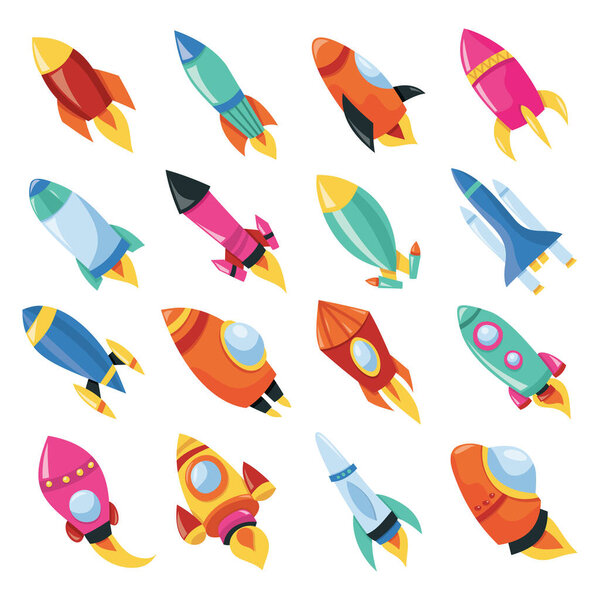 A cartoon vector illustration of colorful cute rocket ships.