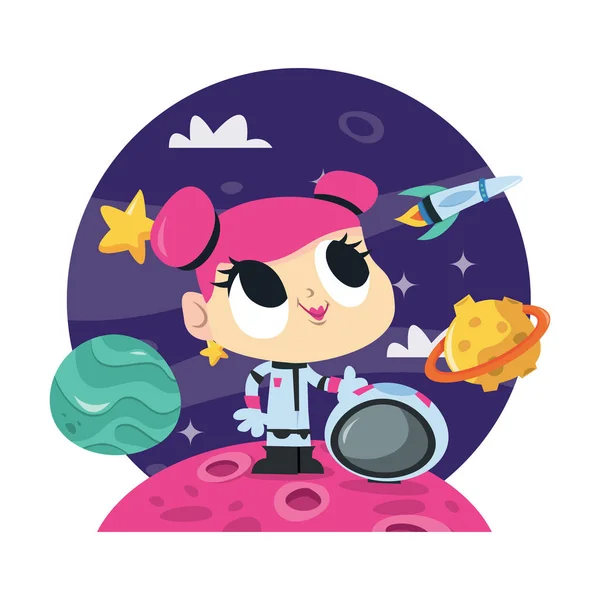 Cartoon Vector Illustration Super Cute Astronaut Girl Dark Blue Cosmic — Stock Vector