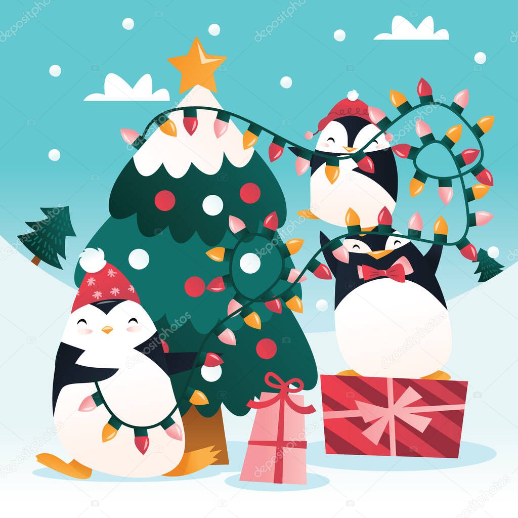 A cartoon vector illustration of a group of cute penguins decorating christmas lights on a tree in winter.