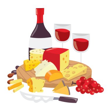 Bir şişe kırmızı şarap ve iki bardak ile yuvarlak ahşap bir tahtanın üzerindeki çeşitli peynirlerin çizgi film vektör çizimi.