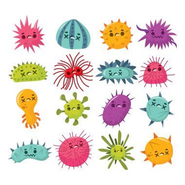 Çeşitli virüs mikroplarının karikatür vektör çizimi.