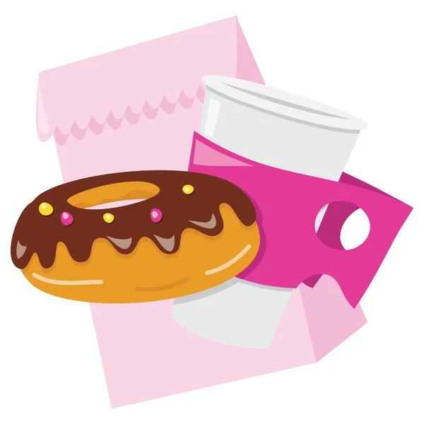 Карикатурная Векторная Иллюстрация Чашки Кофе Пончика Перед Розовым Пакетом Завтрака — стоковый вектор