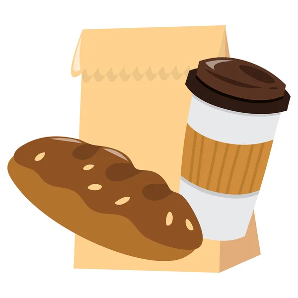 Cartoon Vector Illustration Cup Coffee Bread Front Brown Breakfast Bag — Stock Vector