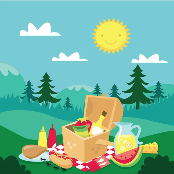 Cartoon Vector Illustration Cute Picnic Outdoor Wilderness — Stock Vector