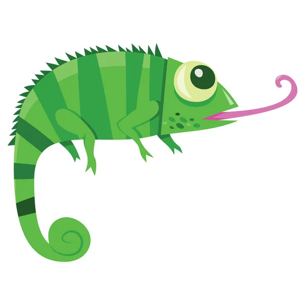 Cartoon Vector Illustration Cute Green Chameleon Lizard Tongue Sticking Out — Stock Vector