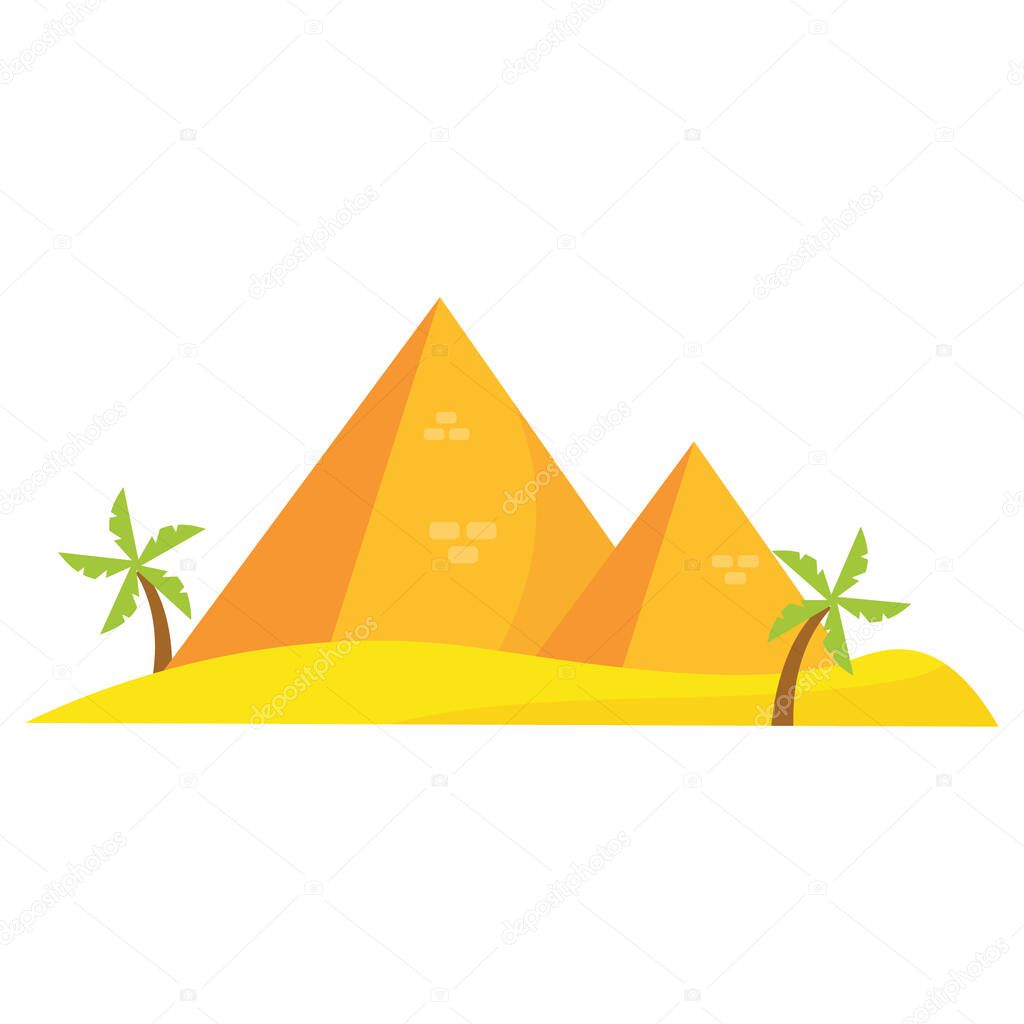 A cartoon vector illustration of two pyramids in a desert.