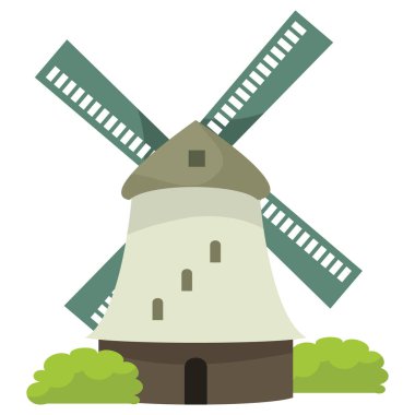 Hollanda 'daki yel değirmeninin çizgi film çizimi.
