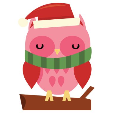 Noel Baba şapkası ve eşarp takan sevimli bir baykuşun çizgi film çizimi..