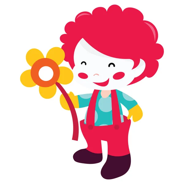 Egy Rajzfilm Vektor Illusztráció Egy Boldog Gyerek Bohóc Egy Virággal — Stock Vector