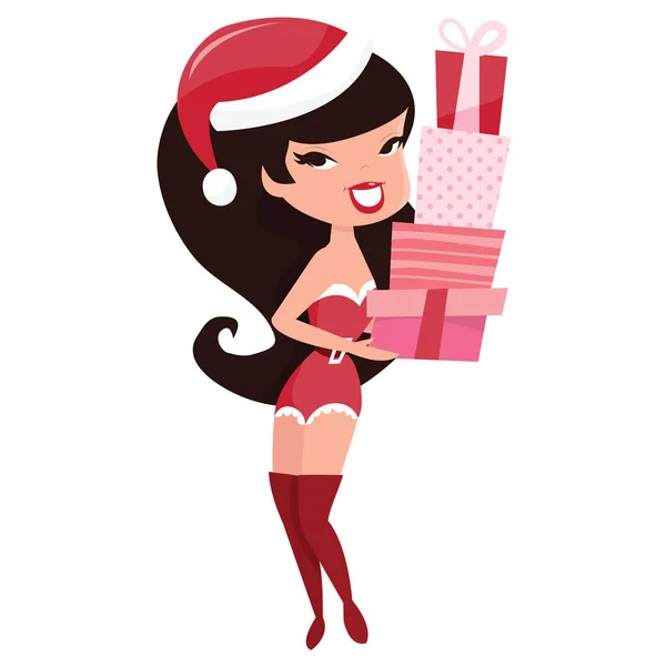 Cartoon Vector Illustration Sexy Happy Retro Pinup Girl Santa Costume — Stock Vector