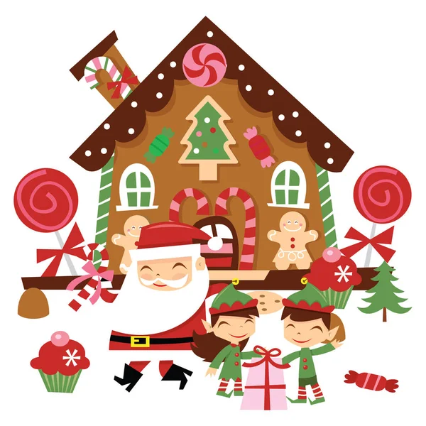 超可爱复古圣诞老人和他的精灵 Whimiscal 姜饼门前用礼物和糖果的矢量图 — 图库矢量图片
