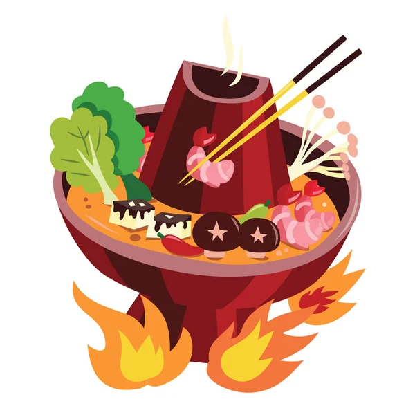 Een Cartoon Vector Illustratie Van Feestelijke Firery Heet Pot Diner — Stockvector