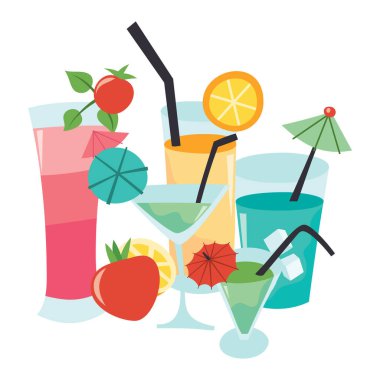 Bir gruptaki çeşitli renkli kokteyllerin karikatür vektör çizimi.