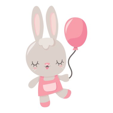 Elinde pembe bir balon tutan sevimli bir tavşanın çizgi film çizimi..