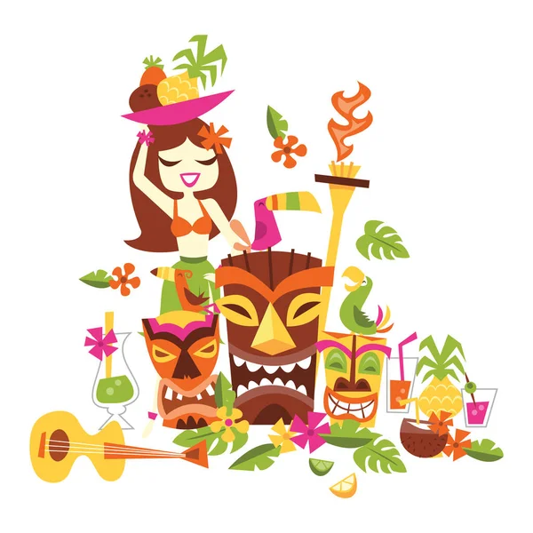 Uma Ilustração Vetorial Desenhos Animados Retro Hawaiian Tiki Luau Party — Vetor de Stock