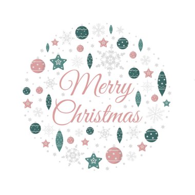 Taşaklı, kar taneli, yıldızlı, karlı ve beyaz arkaplanlı vektör kare Noel tebrik kartı.