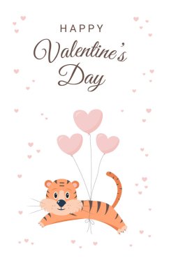 Tatlı kaplan, balon, kalp ve mesajla Sevgililer Günün kutlu olsun. Vektör çizgi film illüstrasyonu.