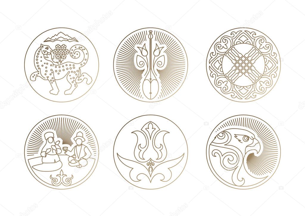 Kazakhstan icons set: snow leopard, dombra, shanyrak, eagle, family, tulip