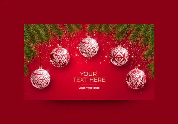 Yeni yıl kartı. Topları ve süslemeleri olan Noel ağacı