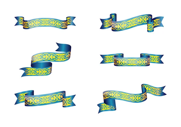 Beyaz arka planda Kazak ulusal süslemeleri olan kurdeleler. Vektör illüstrasyonu