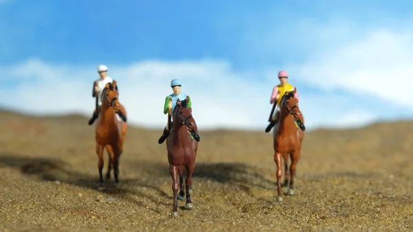 Miniature People Toy Figure Photography Jockey Man Riding Horse Farm — Foto Stock
