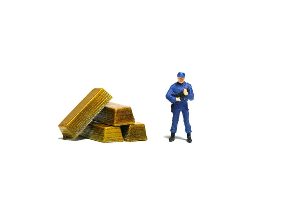 Personajes Miniatura Juguete Figura Fotografía Concepto Protección Oro Oficial Policía —  Fotos de Stock