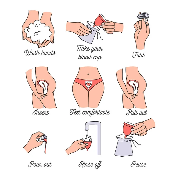 Hur du använder kvinna menstruation kopp under menstruationer. Instruktion för hur du sätter in blodkoppen i kvinnokroppen. Linje konst ikon uppsättning vektor illustration — Stock vektor
