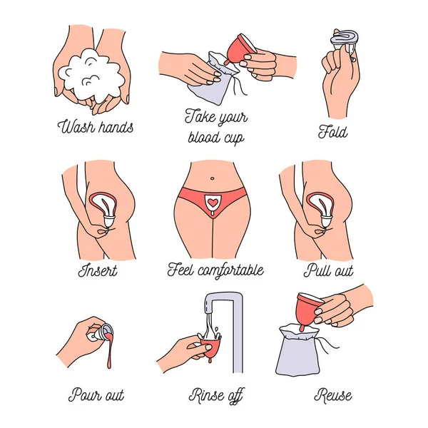 How to use woman menstrual cup during periods. Instruction how to insert blood cup to womans body. Line art icon set vector illustration Stock Vector