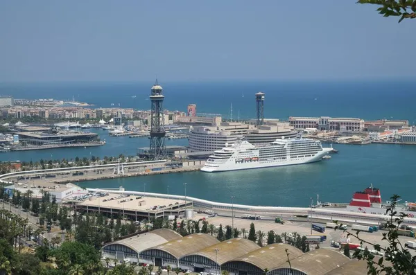 Barselona, İspanya 2 Temmuz 2018 'de Barcelona' ya yanaşan liman ve yolcu gemilerinin panoramik görüntüsü.