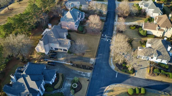 Aerial View Beautiful Subdivision Houses Manicured Lawns Shot Golden Hour — Fotografia de Stock