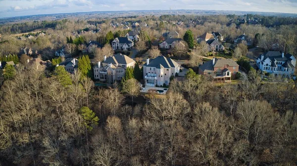 Aerial View Beautiful Subdivision Houses Manicured Lawns Shot Golden Hour — Fotografia de Stock