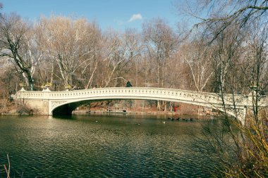 New York, NY- 19 Şubat 2022: New York 'ta Manhattan' ın gökdeleniyle çevrili popüler bir turizm merkezi olan Central Park 'ın panoramik manzarası