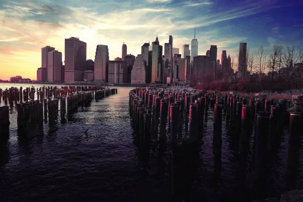 Scénický Pohled Krásnou Panorama Manhattanu Při Západu Slunce New Yorku — Stock fotografie