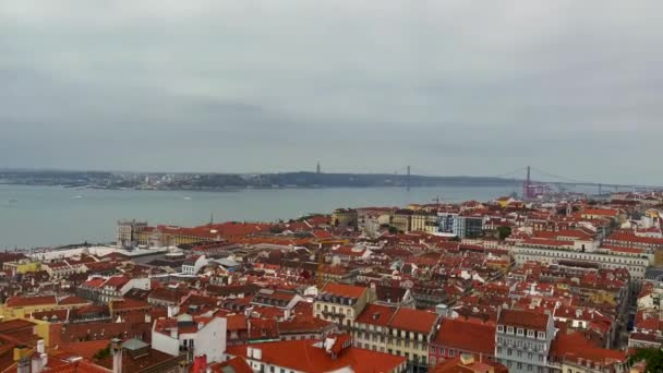 View Historical Lisbon Baixa Downtown Tagus River Ponte Abril Bridge — ストック動画