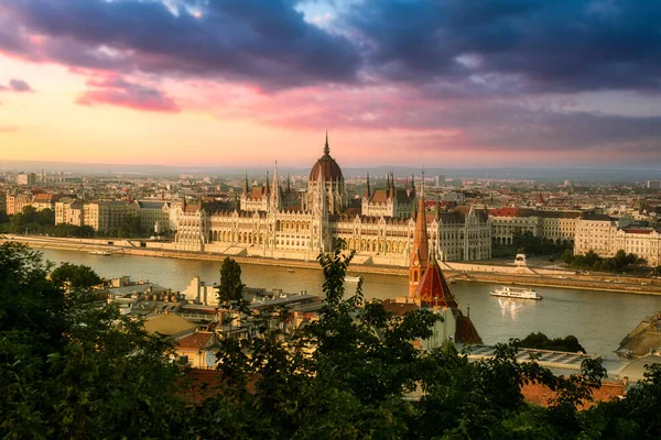 Panoramic view of the Parliament House building across river Danube inn Budapest, Hungary