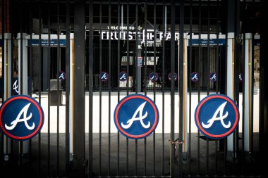 Atlanta, GA, USA: August 13, 2022-An entrance to Truist Stadium in Atlanta, Georgia. The stadium is a ballpark and the home field of Atlanta Braves -Major League Baseball team champion of 2021.