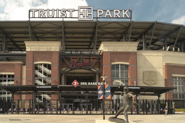 Atlanta, GA, USA: August 13, 2022-An entrance to Truist Stadium in Atlanta, Georgia. The stadium is a ballpark and the home field of Atlanta Braves -Major League Baseball team champion of 2021.