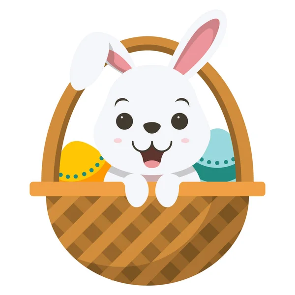 Vector Illustration Cute White Rabbit Cartoon Basket — Vetor de Stock