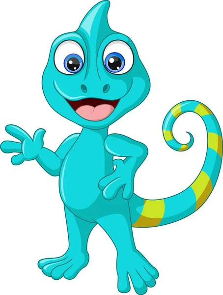 Vector Illustration Cute Chameleon Cartoon Waving Hand — Stock Vector