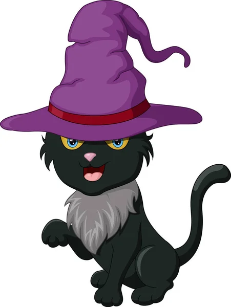 Vector Illustration Cute Black Cat Cartoon Halloween Hat — Vetor de Stock