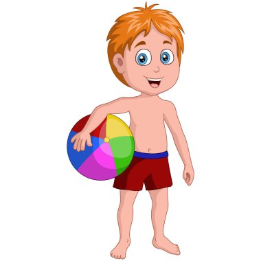 Plaj topu tutan şirin çocuğun vektör illüstrasyonu
