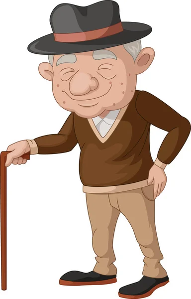Vector Illustration Cute Elderly Man Cartoon Cane — Stock Vector