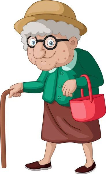 Vector Illustration Cute Old Woman Cartoon Cane — Stok Vektör