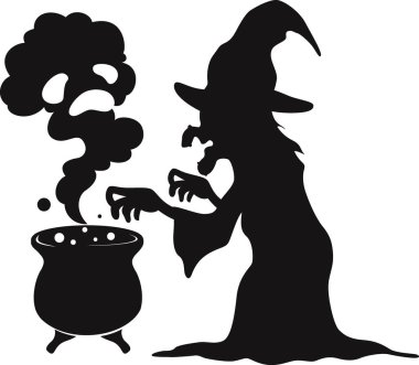 Vector Illustration of Silhouette of witch cooking magic potion in cauldron